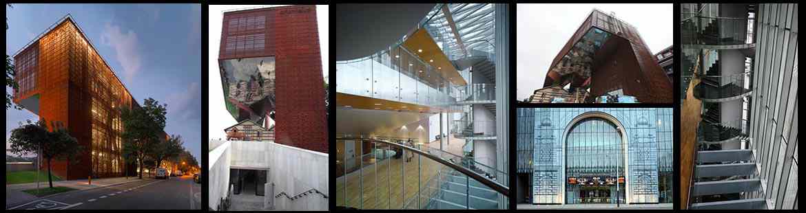 Façade cladded with corten steel plates, laminated glass façade with an overprint, glass balustrade, glass wall, stairs